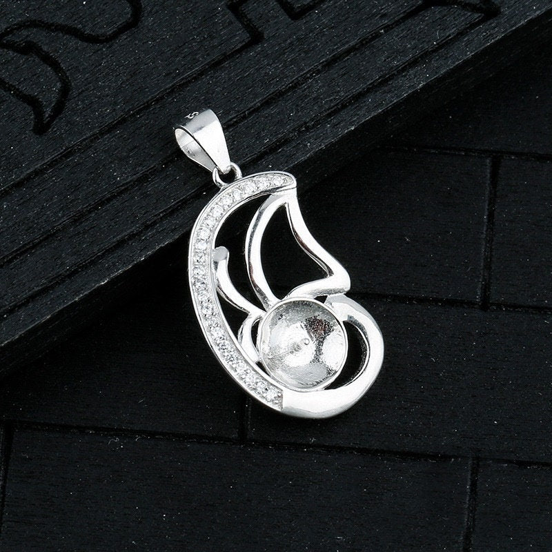 Crystals Leaf Cup Pin Pendant Setting Base Sterling Silver White Gold Fine 925 8-10mm For One Pearl Bead No Prongs DIY Jewelry Wholesale