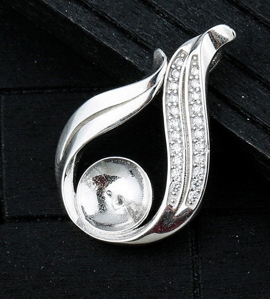 Crystals Leaf Cup Pin Base Pendant Setting Sterling Silver White Gold Fine 925 8-10mm For One Pearl Bead No Prongs DIY Jewelry Wholesale