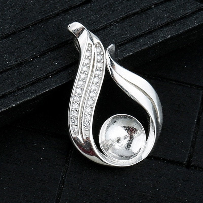 Crystals Leaf Cup Pin Base Pendant Setting Sterling Silver White Gold Fine 925 8-10mm For One Pearl Bead No Prongs DIY Jewelry Wholesale