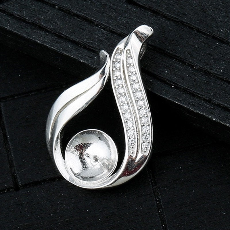 Crystals Leaf Cup Pin Base Pendant Setting Sterling Silver White Gold Fine 925 8-10mm For One Pearl Bead No Prongs DIY Jewelry Wholesale