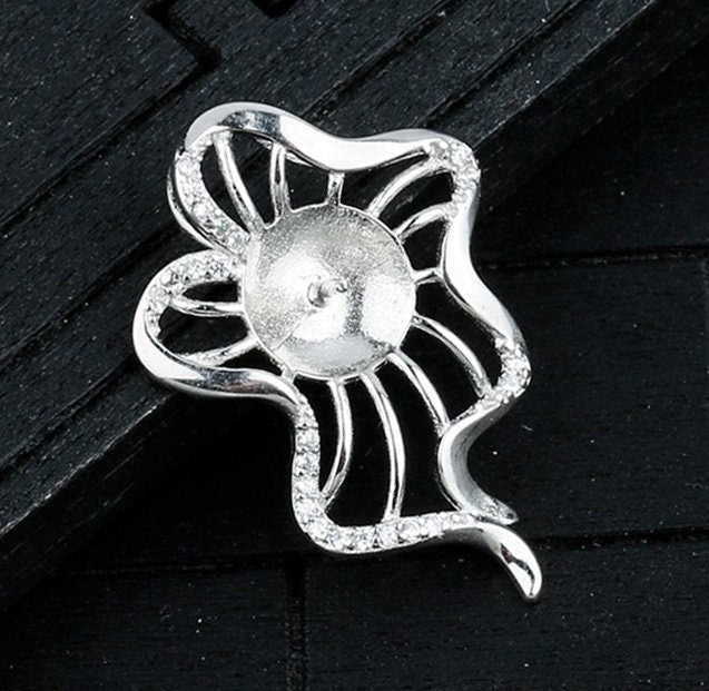 Crystals Flower Cup Pin Base Pendant Setting Base Sterling Silver White Gold Fine 925 8-10mm For One Pearl No Prongs DIY Jewelry Wholesale