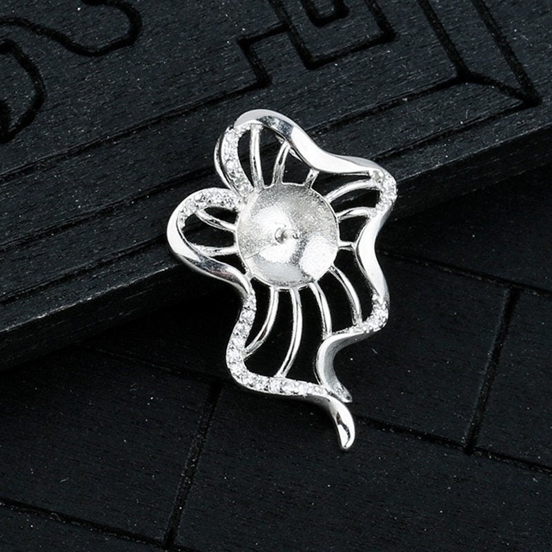 Crystals Flower Cup Pin Base Pendant Setting Base Sterling Silver White Gold Fine 925 8-10mm For One Pearl No Prongs DIY Jewelry Wholesale