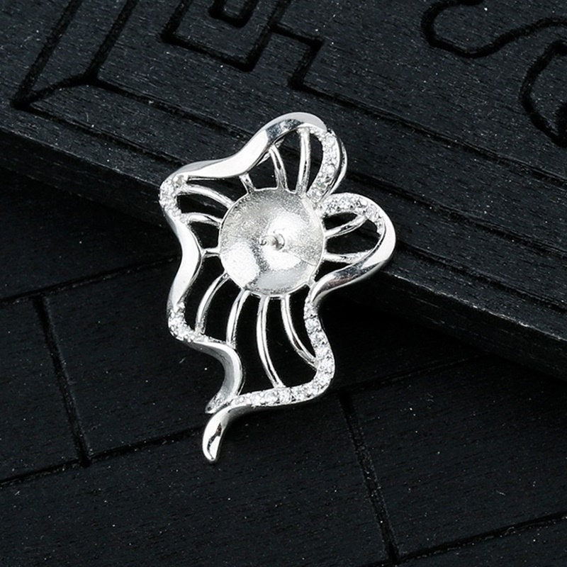 Crystals Flower Cup Pin Base Pendant Setting Base Sterling Silver White Gold Fine 925 8-10mm For One Pearl No Prongs DIY Jewelry Wholesale