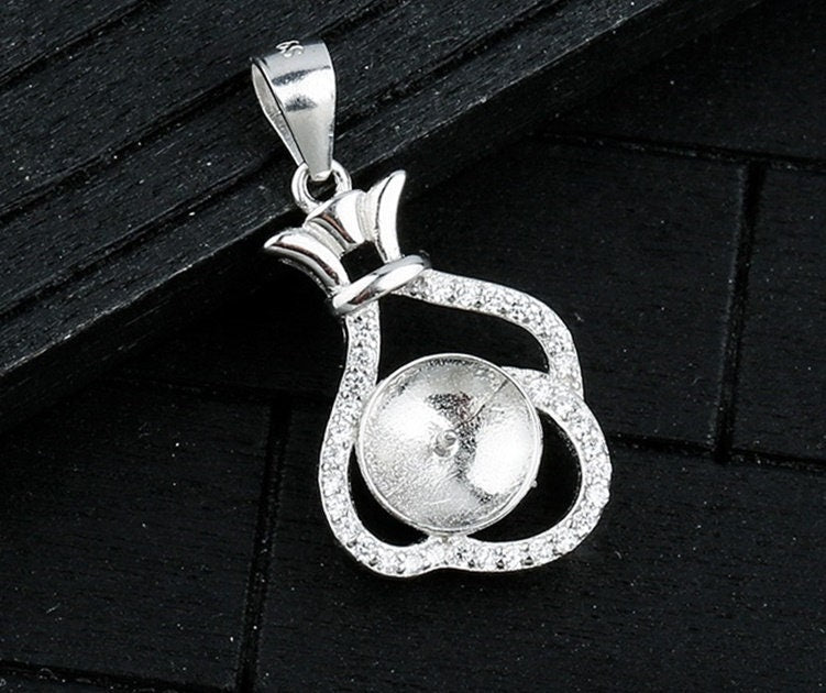 Crystals Gift Bag Cup Pin Base Pendant Setting Sterling Silver White Gold Fine 925 8-10mm For One Pearl Bead No Prongs DIY Jewelry Wholesale