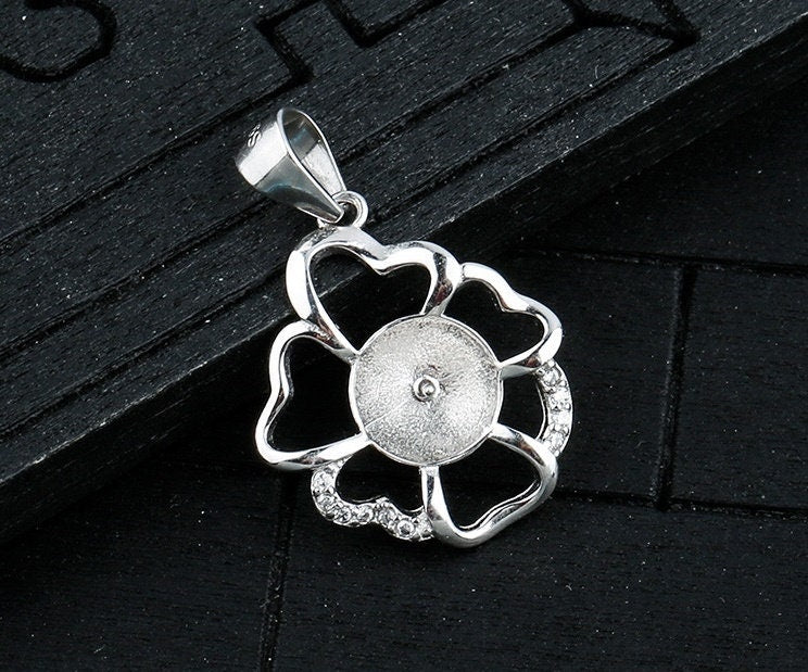 Crystals Flower Cup Pin Base Pendant Blank Setting Sterling Silver White Gold Fine 925 8-10mm For One Pearl No Prongs DIY Jewelry Wholesale