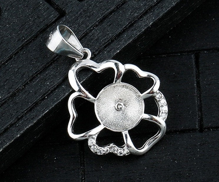 Crystals Flower Cup Pin Base Pendant Blank Setting Sterling Silver White Gold Fine 925 8-10mm For One Pearl No Prongs DIY Jewelry Wholesale