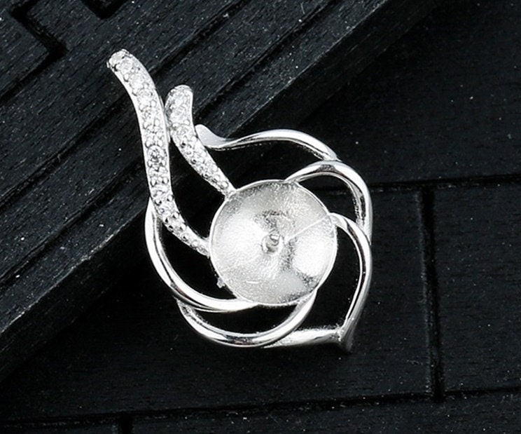 Crystals Leaf Cup Pin Pendant Setting Base Sterling Silver White Gold Fine 925 8-10mm For One Pearl Bead No Prongs DIY Jewelry Wholesale