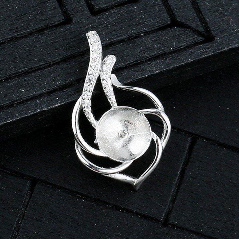 Crystals Leaf Cup Pin Pendant Setting Base Sterling Silver White Gold Fine 925 8-10mm For One Pearl Bead No Prongs DIY Jewelry Wholesale