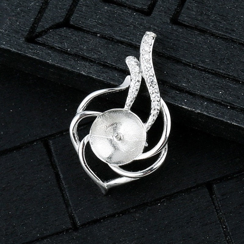 Crystals Leaf Cup Pin Pendant Setting Base Sterling Silver White Gold Fine 925 8-10mm For One Pearl Bead No Prongs DIY Jewelry Wholesale