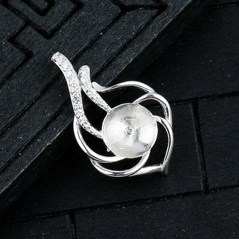 Crystals Leaf Cup Pin Pendant Setting Base Sterling Silver White Gold Fine 925 8-10mm For One Pearl Bead No Prongs DIY Jewelry Wholesale