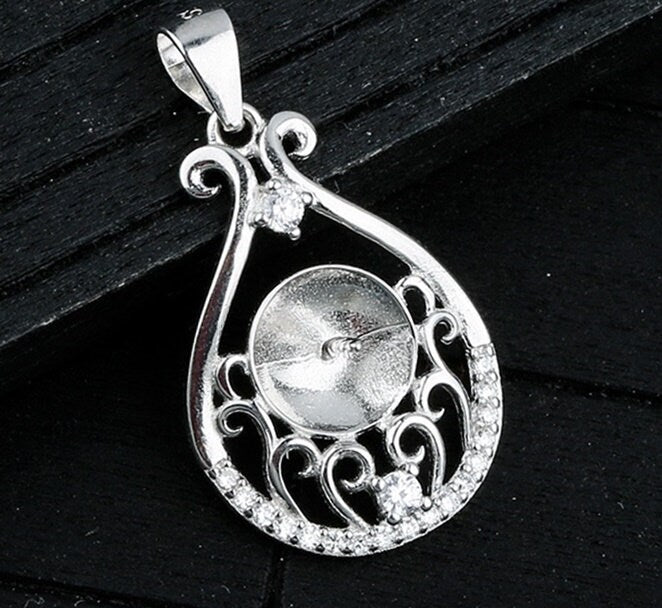 Crystals Gift Bag Cup Pin Base Pendant Setting Sterling Silver White Gold Fine 925 8-10mm For One Pearl Bead No Prongs DIY Jewelry Wholesale