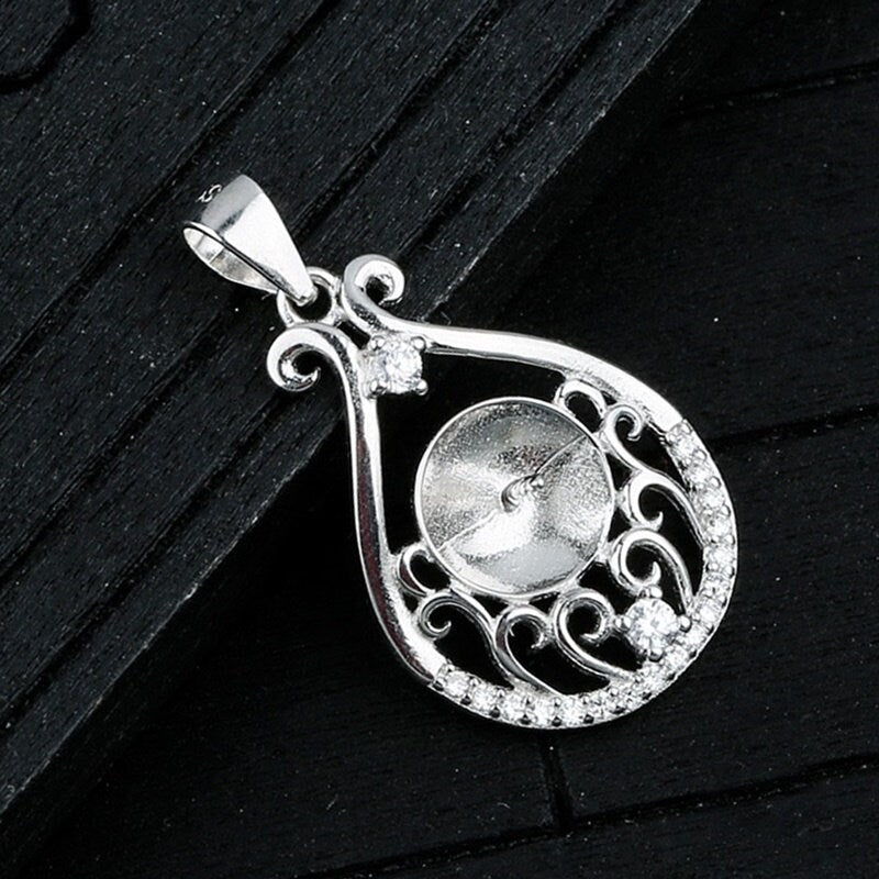 Crystals Gift Bag Cup Pin Base Pendant Setting Sterling Silver White Gold Fine 925 8-10mm For One Pearl Bead No Prongs DIY Jewelry Wholesale