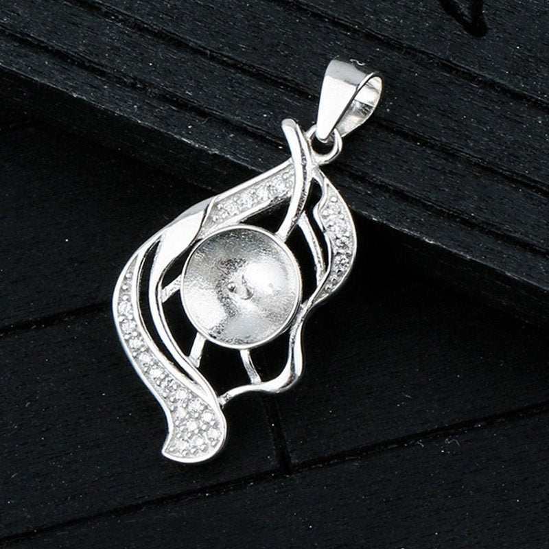 Crystals Leaf Cup Pin Base Pendant Blank Setting Sterling Silver White Gold Fine 925 8-10mm For One Pearl No Prongs DIY Jewelry Wholesale