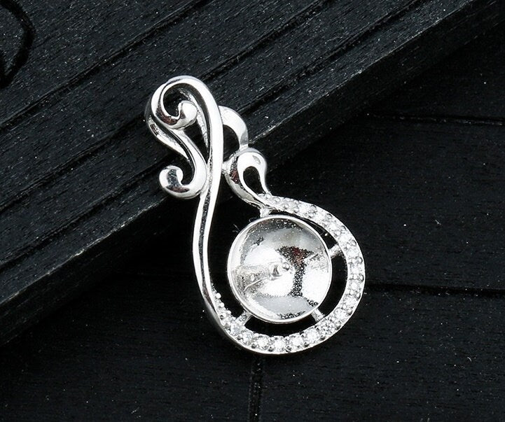 Crystals Leaf Cup Pin Base Pendant Setting Sterling Silver White Gold Fine 925 8-10mm For One Pearl Bead No Prongs DIY Jewelry Wholesale