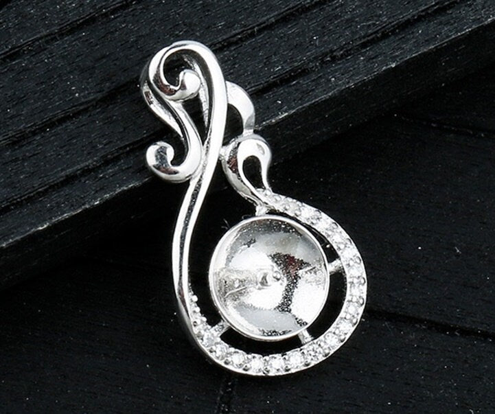 Crystals Leaf Cup Pin Base Pendant Setting Sterling Silver White Gold Fine 925 8-10mm For One Pearl Bead No Prongs DIY Jewelry Wholesale