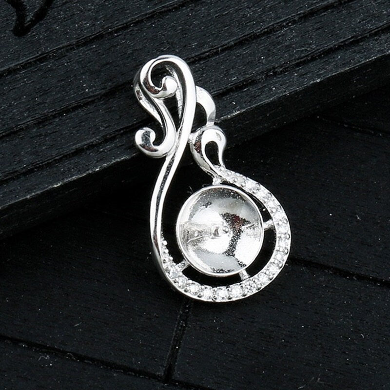 Crystals Leaf Cup Pin Base Pendant Setting Sterling Silver White Gold Fine 925 8-10mm For One Pearl Bead No Prongs DIY Jewelry Wholesale