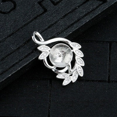 Crystals Leaf Cup Pin Base Pendant No Prongs Setting Sterling Silver White Gold Fine 925 8-10mm For One Pearl Bead DIY Jewelry Wholesale