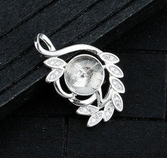 Crystals Leaf Cup Pin Base Pendant No Prongs Setting Sterling Silver White Gold Fine 925 8-10mm For One Pearl Bead DIY Jewelry Wholesale