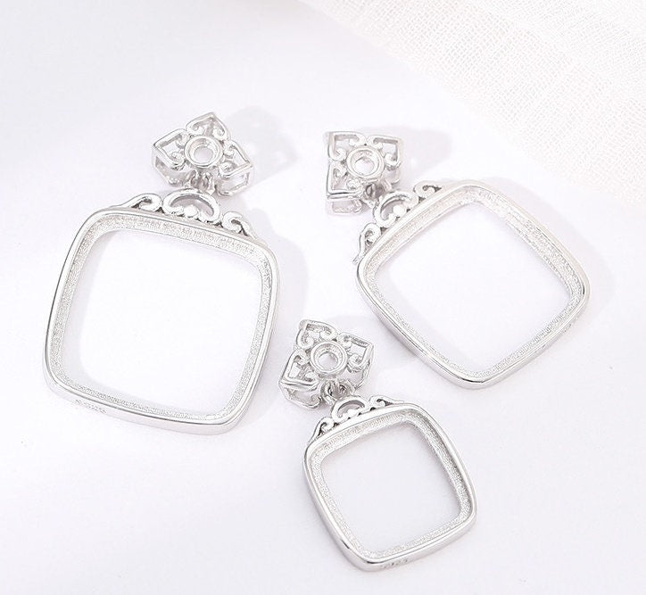 Vintage Square Round Base Pendant Setting Fine Sterling Silver Rose Gold 925 10-16 mm For Two Stones No Prongs DIY Jewelry Wholesale