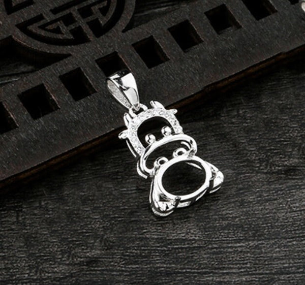 Crystals Funny Cow Oval Base Pendant Setting Bezel Sterling Silver White Gold Fine 925 7x9mm For One Stone Four Prongs DIY Jewelry Wholesale