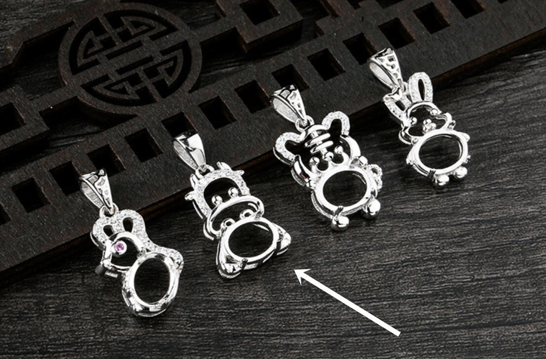 Crystals Funny Cow Oval Base Pendant Setting Bezel Sterling Silver White Gold Fine 925 7x9mm For One Stone Four Prongs DIY Jewelry Wholesale