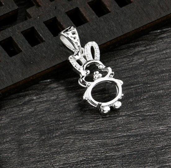 Crystals Rabbit Oval Base Pendant Setting Sterling Silver White Gold Fine 925 7x9mm For One Stone Gemstone Four Prongs DIY Jewelry Wholesale