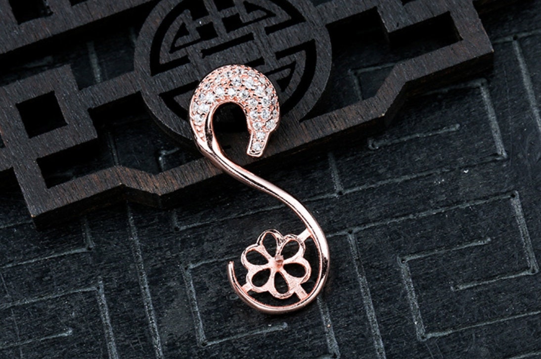 Crystals Swan Cup Pin Pendant Setting Sterling Silver Rose Gold Fine 925 9-10mm For One Pearl Bead No Prongs DIY Jewelry Wholesale