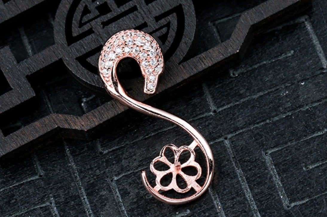 Crystals Swan Cup Pin Pendant Setting Sterling Silver Rose Gold Fine 925 9-10mm For One Pearl Bead No Prongs DIY Jewelry Wholesale