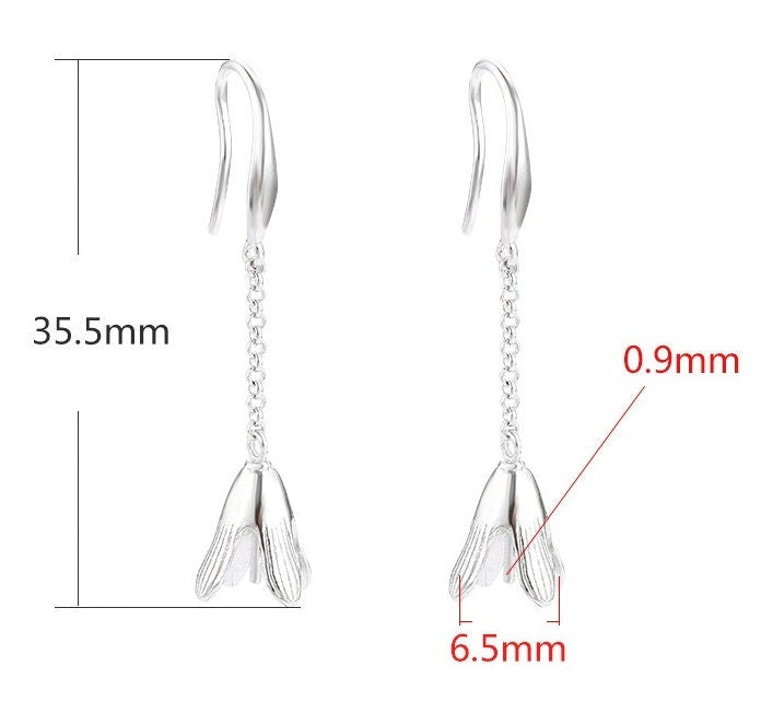 Flower Bell Cup Pin Earrings Hook Setting Fine Sterling Silver White Gold 925 6.5 mm For One Pearl Bead No Prongs DIY Jewelry Wholesale