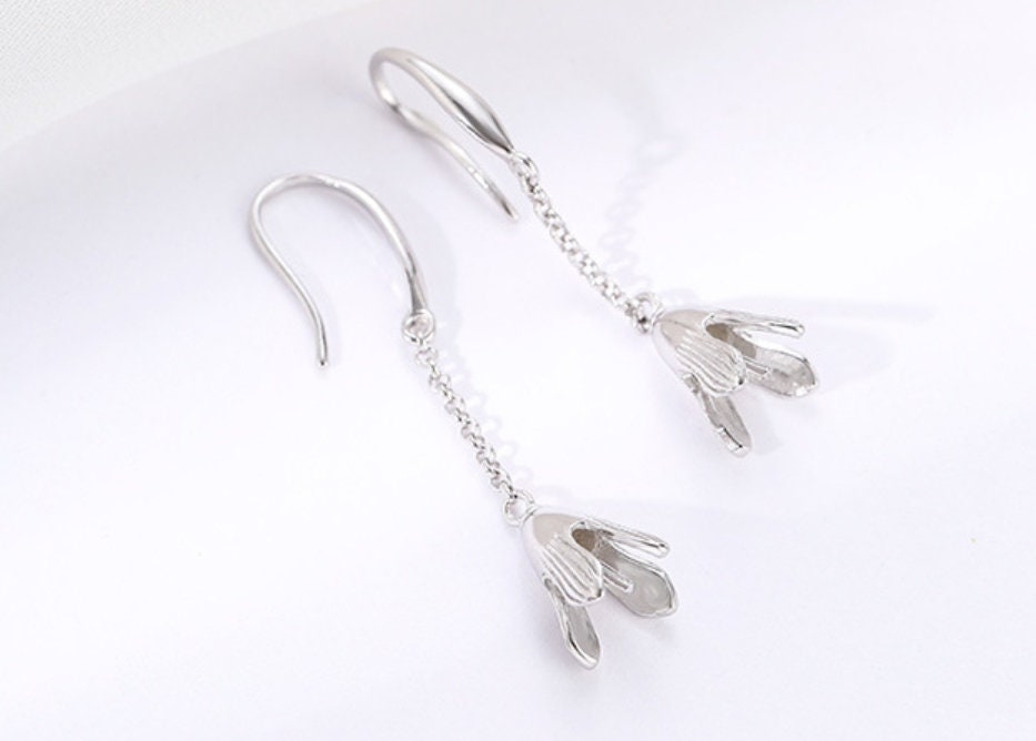 Flower Bell Cup Pin Earrings Hook Setting Fine Sterling Silver White Gold 925 6.5 mm For One Pearl Bead No Prongs DIY Jewelry Wholesale