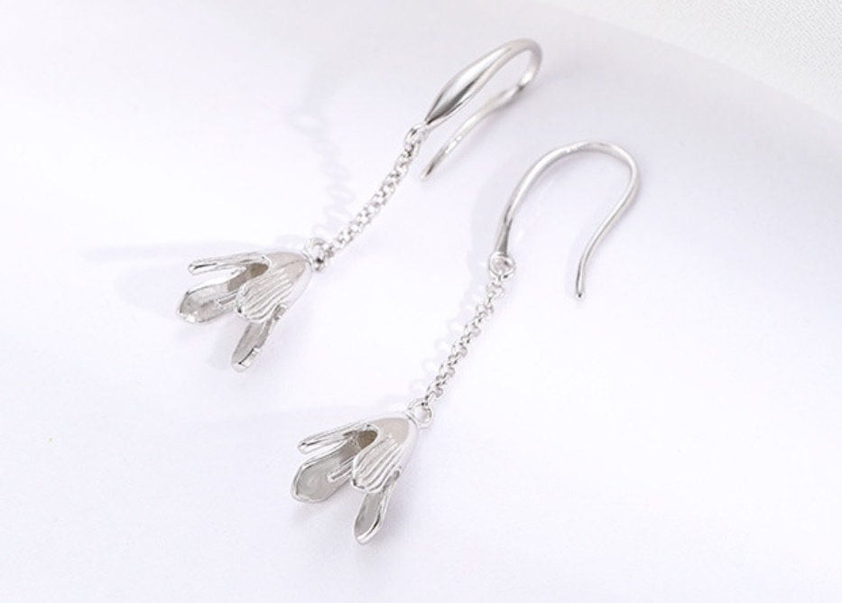 Flower Bell Cup Pin Earrings Hook Setting Fine Sterling Silver White Gold 925 6.5 mm For One Pearl Bead No Prongs DIY Jewelry Wholesale