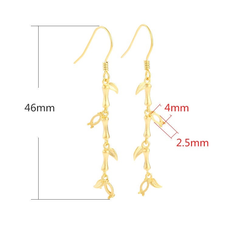 Leaf Branch Cup Pin Earrings Stud Blank Setting Sterling Silver Gold Bezel Fine 925 2.5x4mm For Two Stones Four Prongs DIY Jewelry Wholesale