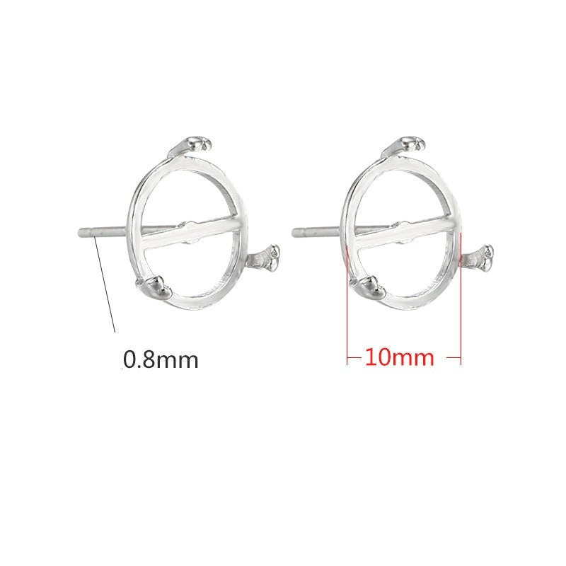 Simple Round Base Stud Earrings Setting Sterling Silver White Gold Fine 925 10mm For One Stone Gemstone Three Prongs DIY Jewelry Wholesale