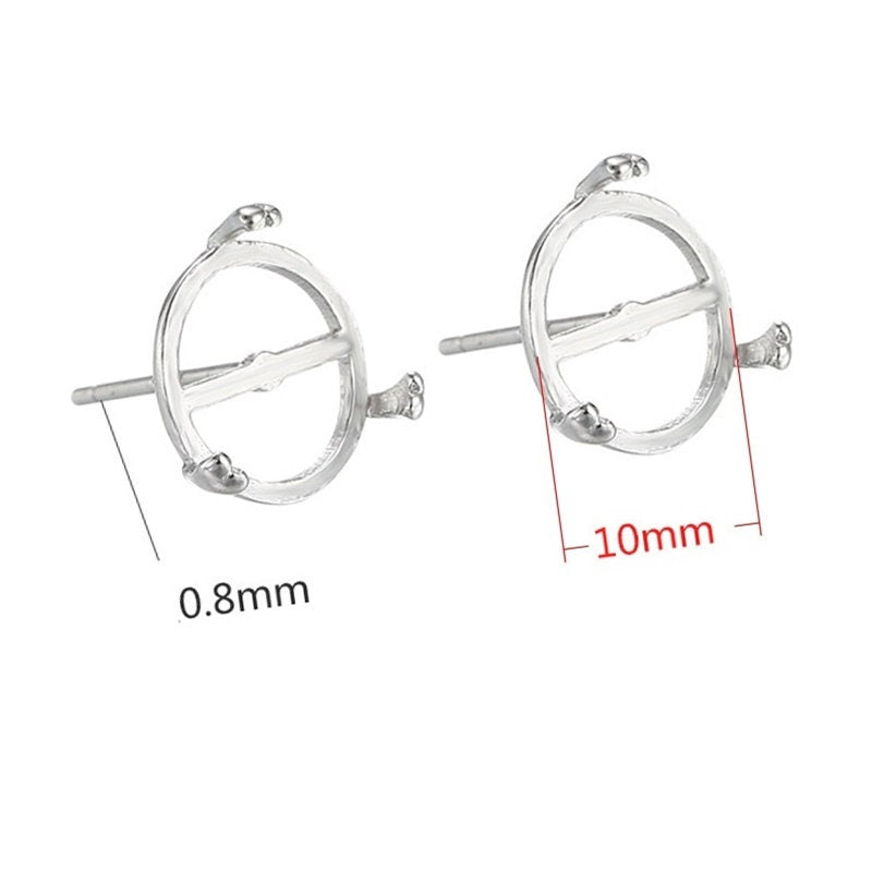 Simple Round Base Stud Earrings Setting Sterling Silver White Gold Fine 925 10mm For One Stone Gemstone Three Prongs DIY Jewelry Wholesale