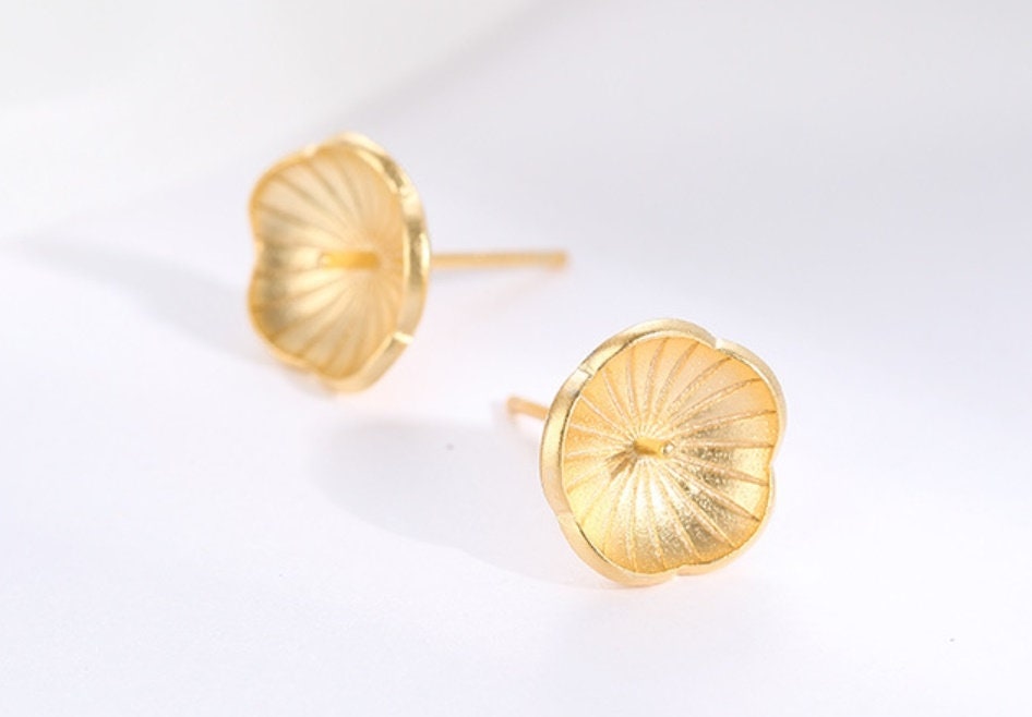 Vintage Flower Cup Pin Earrings Stud Setting Sterling Silver Gold Fine 925 9.5x9.5mm For One Pearl Bead No Prongs DIY Jewelry Wholesale