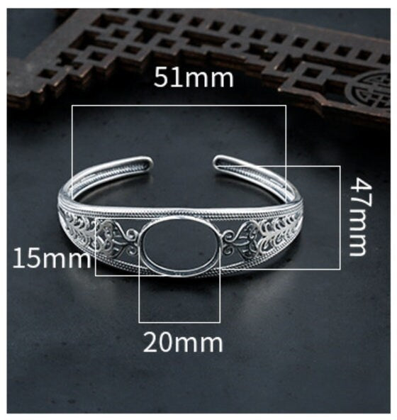 Ethnic Leaf Pattern Oval Mount Bracelet Setting Sterling Silver Fine 925 15x20mm For One Stone Adjustable No Prongs DIY Jewelry Wholesale