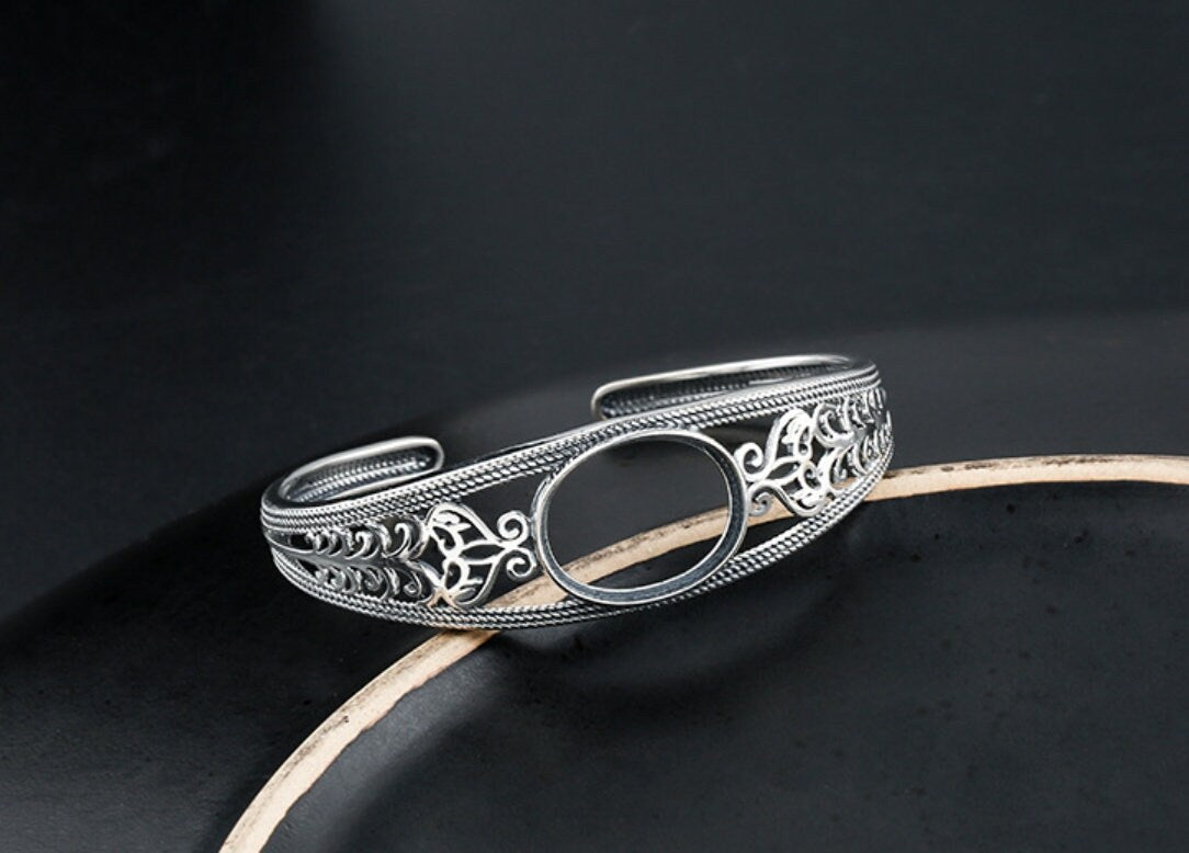 Ethnic Leaf Pattern Oval Mount Bracelet Setting Sterling Silver Fine 925 15x20mm For One Stone Adjustable No Prongs DIY Jewelry Wholesale