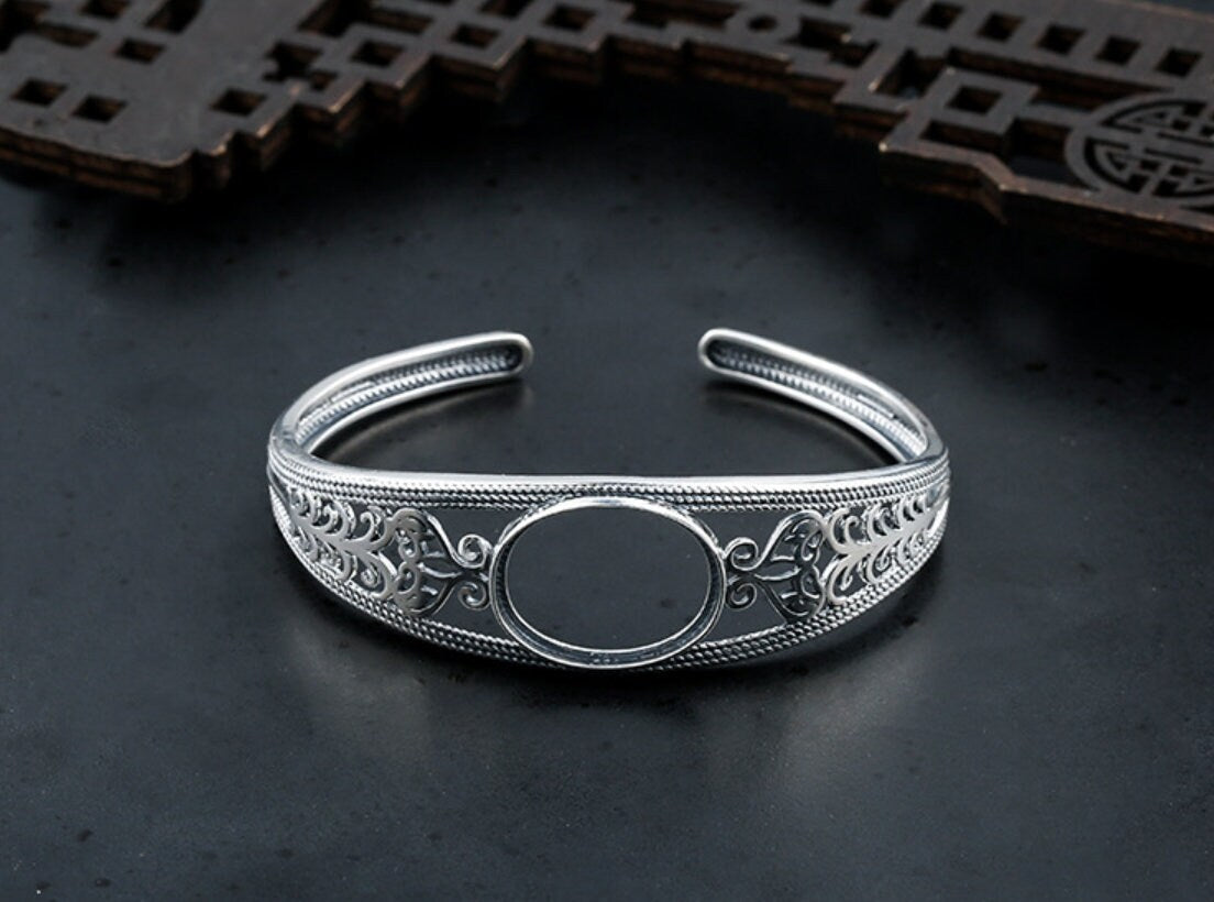 Ethnic Leaf Pattern Oval Mount Bracelet Setting Sterling Silver Fine 925 15x20mm For One Stone Adjustable No Prongs DIY Jewelry Wholesale