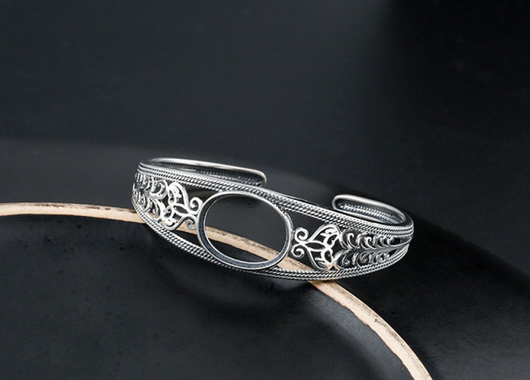 Ethnic Leaf Pattern Oval Mount Bracelet Setting Sterling Silver Fine 925 15x20mm For One Stone Adjustable No Prongs DIY Jewelry Wholesale