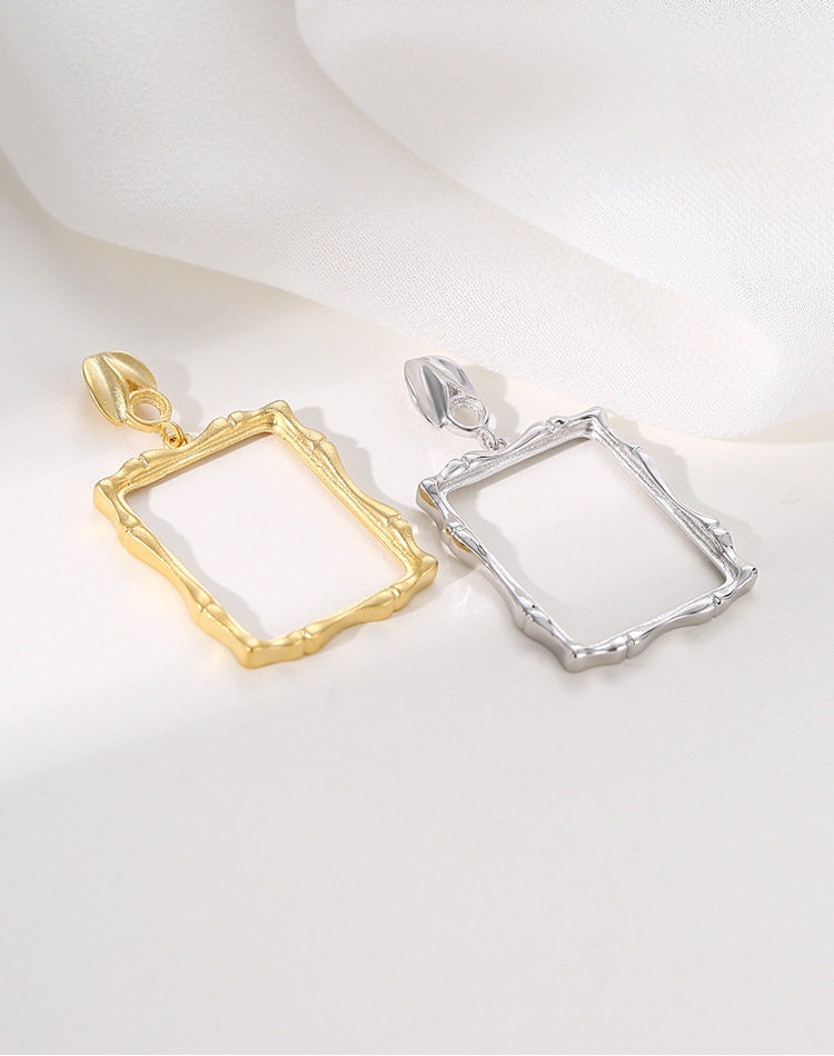 Vintage Square Round Base Pendant Setting Fine Sterling Silver Gold 925 3x3mm 17.5x21.5mm For Two Stones No Prongs DIY Jewelry Wholesale