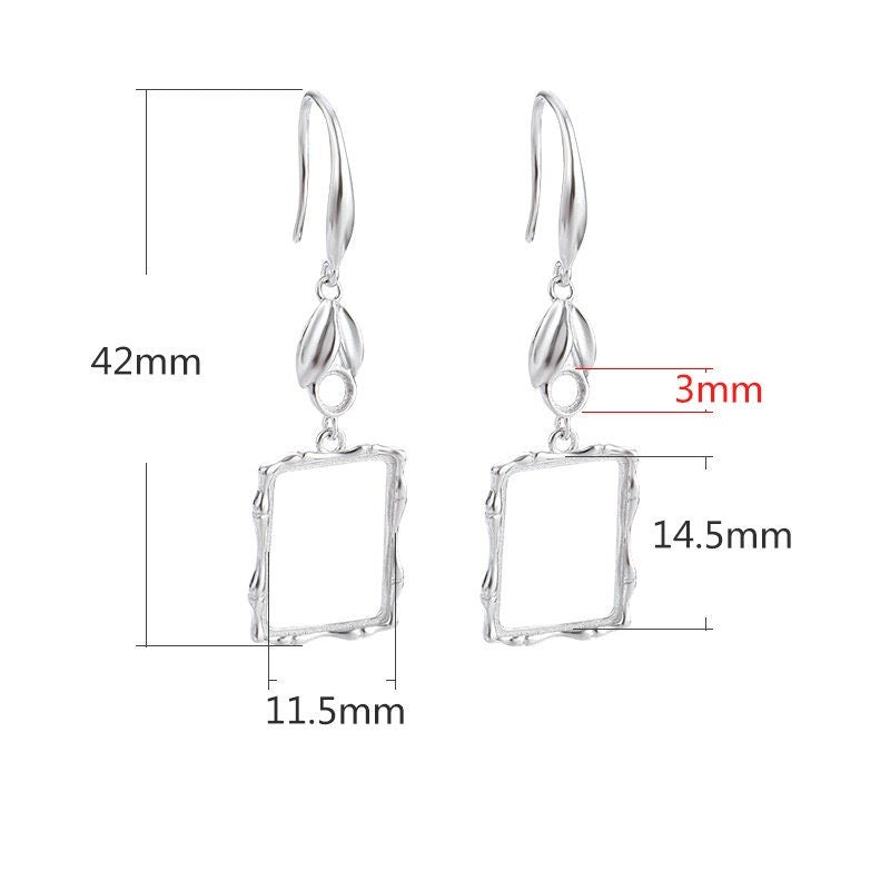 Leaf Square Round Base Hook Earrings Setting Sterling Silver Gold Fine 925 3x3mm 11.5x14.5mm For Two Stones No Prongs DIY Jewelry Wholesale