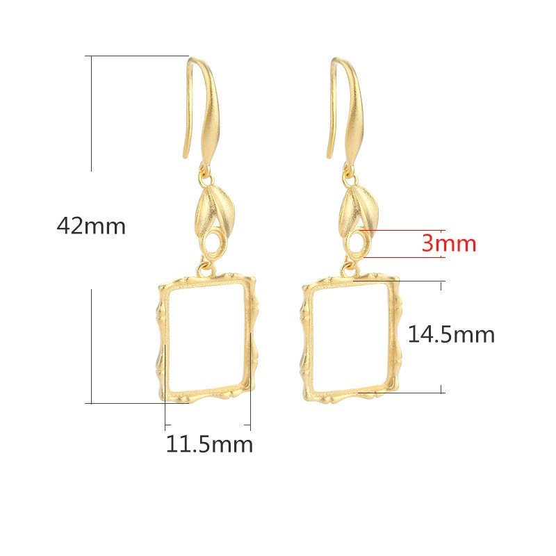 Leaf Square Round Base Hook Earrings Setting Sterling Silver Gold Fine 925 3x3mm 11.5x14.5mm For Two Stones No Prongs DIY Jewelry Wholesale