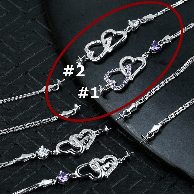 Crystals Heart Love Cup Pin Chain Bracelet Setting Tray Bulk Sterling Silver Fine 925 8-14mm For One Pearl Adjustable DIY Jewelry Wholesale