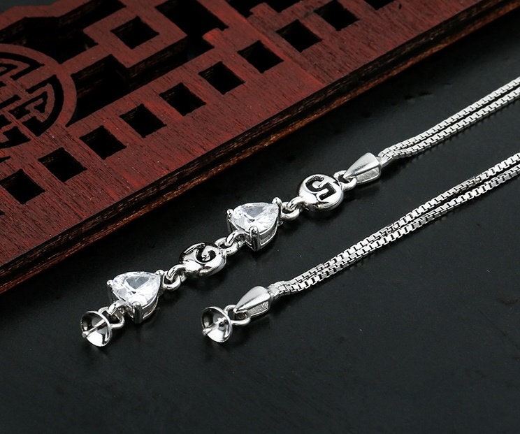 Diamonds Cup Pin Chain Base Bracelet Setting Tray Bulk Sterling Silver Fine 925 6-14mm For One Pearl Bead Adjustable DIY Jewelry Wholesale