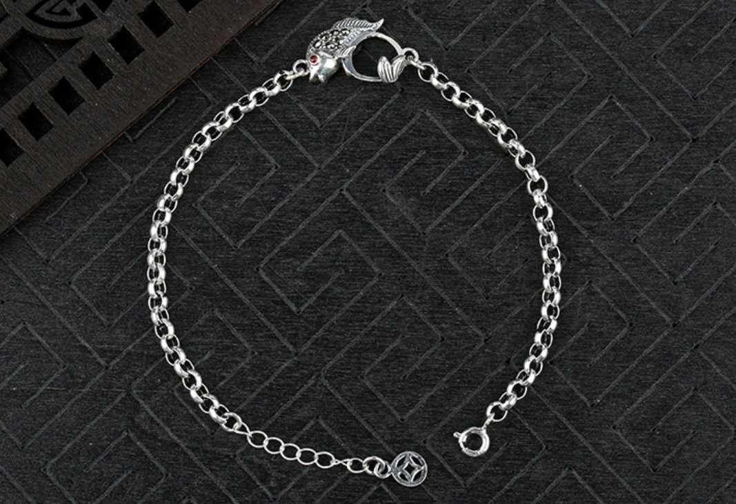 Retro Fish Round Base Chain Bangle Mount Bracelet Setting Sterling Silver Fine 925 9x9mm For One Stone Bead No Prongs DIY Jewelry Wholesale