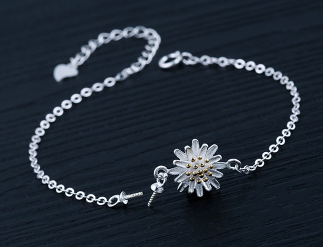 Flower Cup Chain Bracelet Setting Tray Bulk Sterling Silver White Gold Fine 925 6-14mm For One Pearl Bead Adjustable DIY Jewelry Wholesale