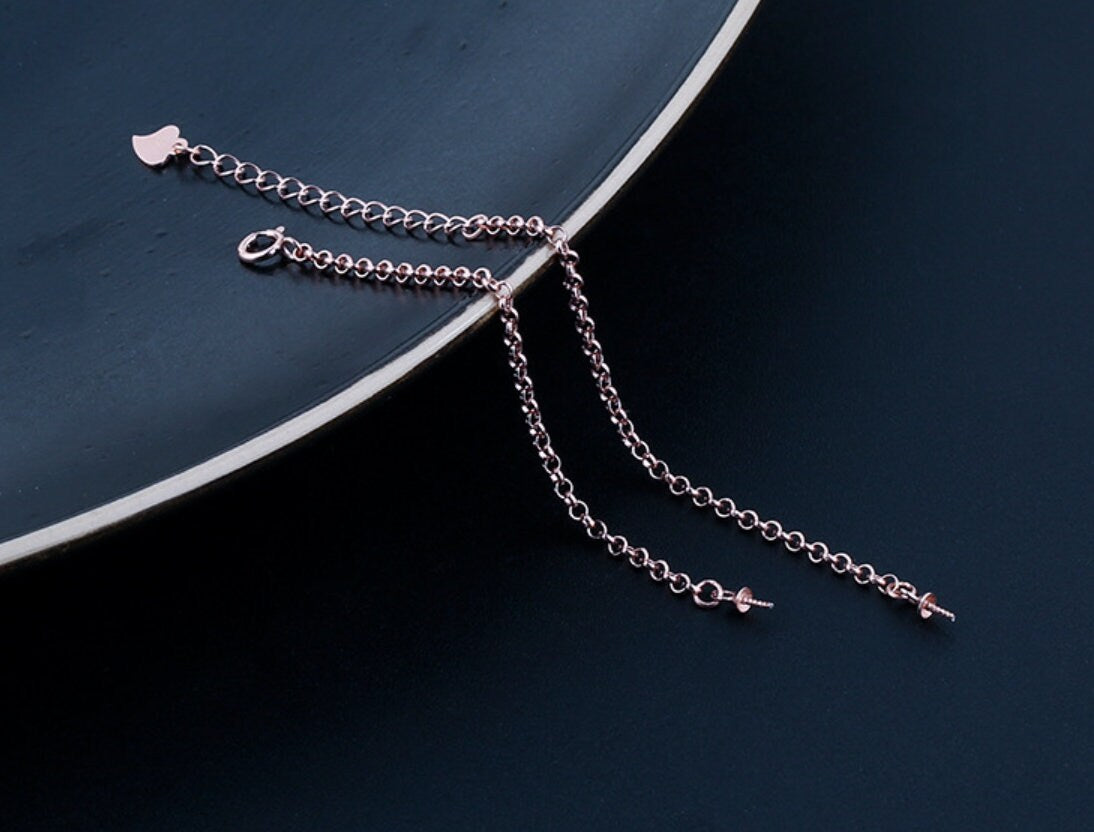 Simple Chain Cup Bangle Mount Bracelet Setting Sterling Silver Rose Gold 925 6-12mm For One Pearl Bead Adjustable DIY Jewelry Wholesale