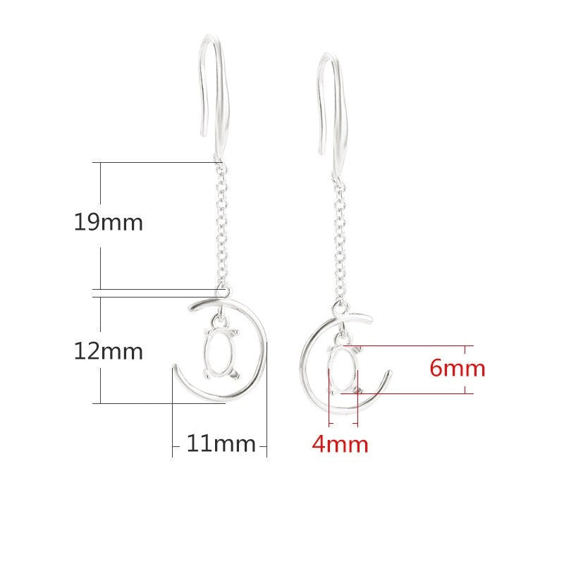 Moon C-Shape Chain Oval Base Hook Earrings Setting Sterling Silver Rose Gold Fine 925 4x6mm For One Stone Four Prongs DIY Jewelry Wholesale