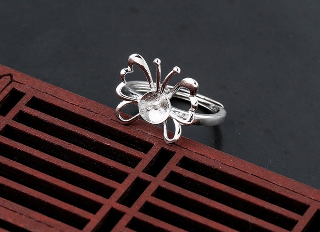 Ring Blank Setting 1pc Sterling Silver 925 Butterfly Shape Pin Base Retro Fine 6-8mm For One Pearl Bead Adjustable No Prongs Wholesale