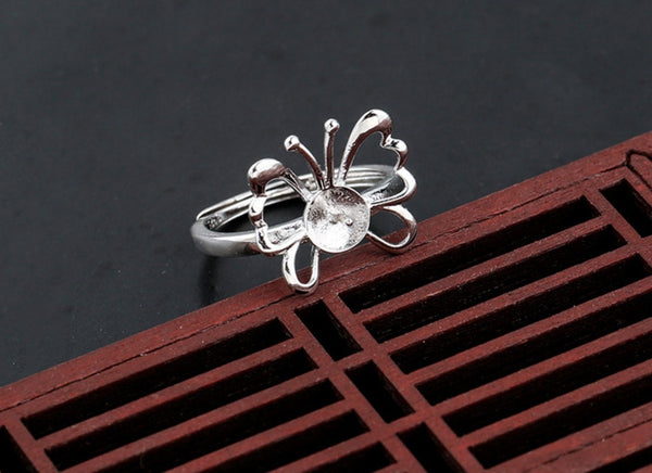 Ring Blank Setting 1pc Sterling Silver 925 Butterfly Shape Pin Base Retro Fine 6-8mm For One Pearl Bead Adjustable No Prongs Wholesale